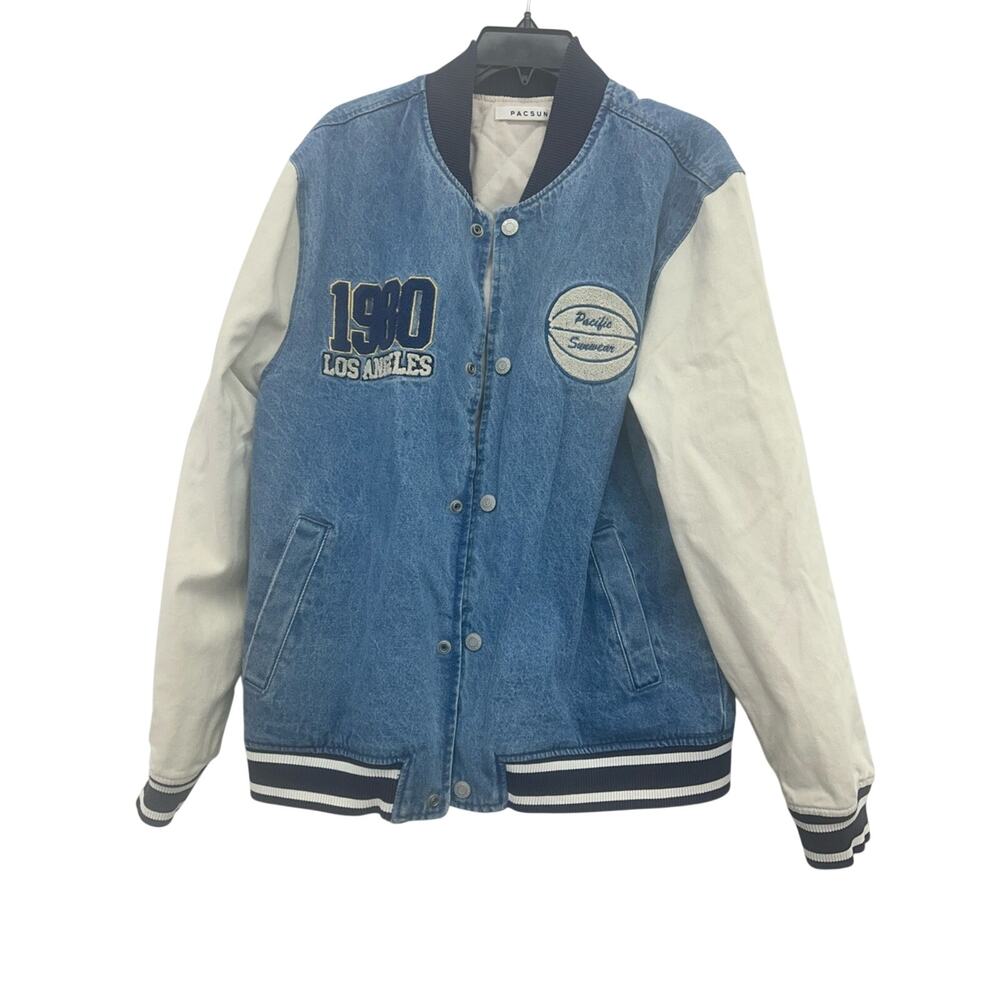Pacsun Denim Varsity Bomber Jacket Men’s Size Large 1980 Los Angeles Snap Button